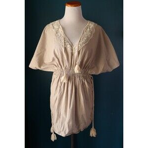 Object Collectors Item Peasant Boho Beachy Lace Linen Kaftan Tunic Tassels Small